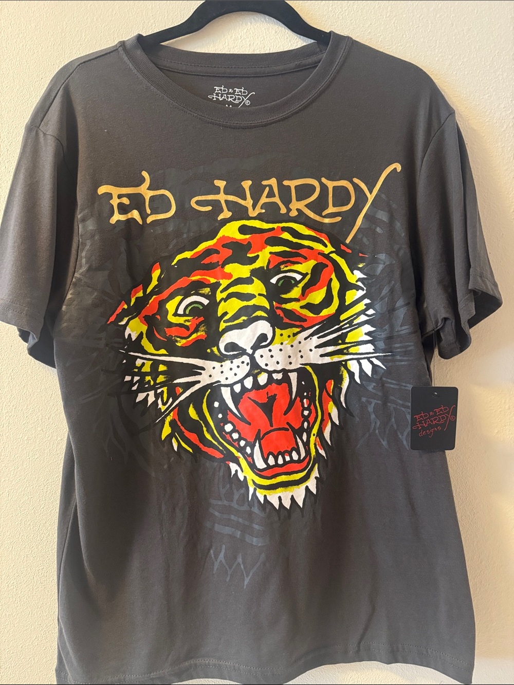 Ed Hardy Black Tee with Yellow and Red Tiger Graphic